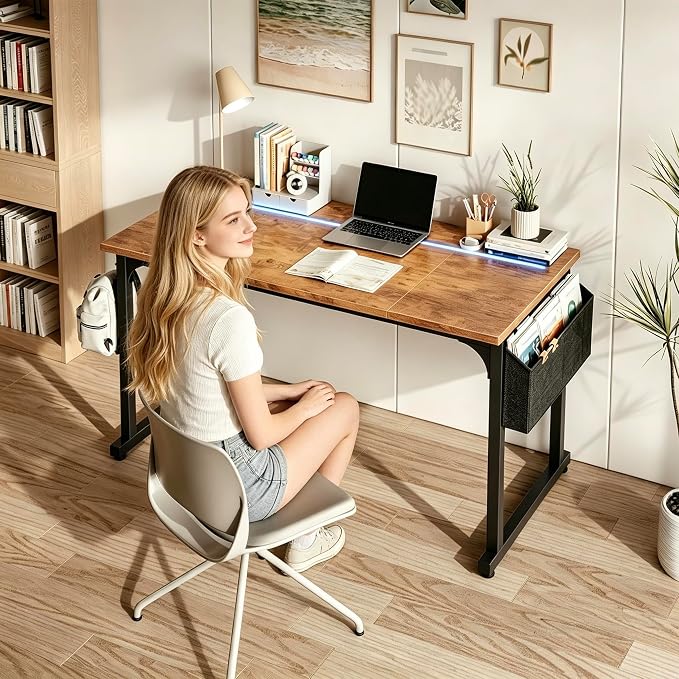 DurayLoly 48 Inch Computer Desk with Waterproof LED Lights,Study Desk for Teens & Home Office,Headphone Hook & Storage Bag Included,Sturdy Metal Frame,Small Space Friendly,Rustic Brown