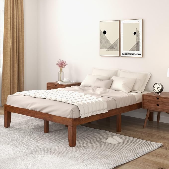 COSTWAY Wood Platform Bed Frame, 14 Inches Solid Rubber Wood Bed Mattress Foundation with Sturdy Slats Support, Easy Assembly Bed Frame for Home Hotel, No Box Spring Needed (Walnut, Full)