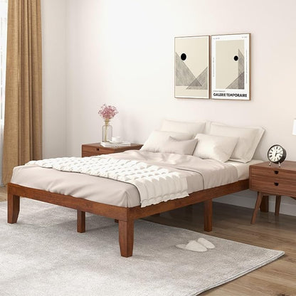 COSTWAY Wood Platform Bed Frame, 14 Inches Solid Rubber Wood Bed Mattress Foundation with Sturdy Slats Support, Easy Assembly Bed Frame for Home Hotel, No Box Spring Needed (Walnut, Full)