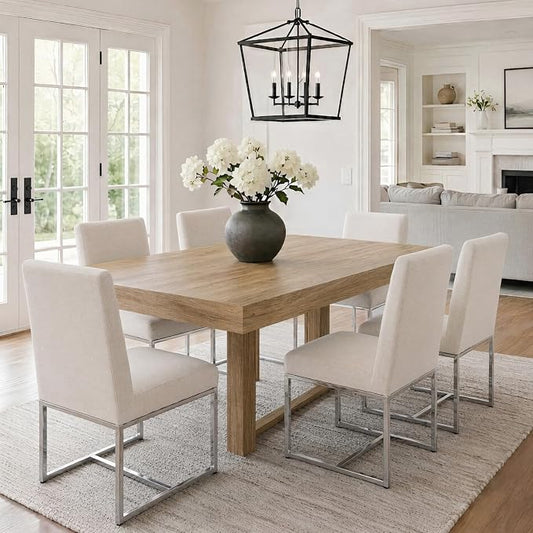 VESCASA Linen Upholstered Dining Chairs Set of 6, Mid Century Modern Padded Chair with Chrome Metal Frame for Restaurant, Dining Room, Kitchen, Cream