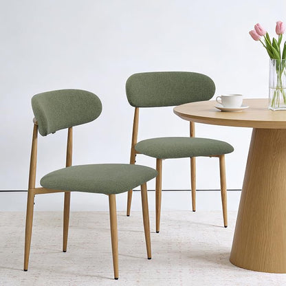 FREKEN Modern Upholstered Dining Chairs Set of 2, Mid-Century Metal Frame with Wood Grain, Linen Fabric Side Chair for Kitchen Dining Room, 350lbs Capacity, Green