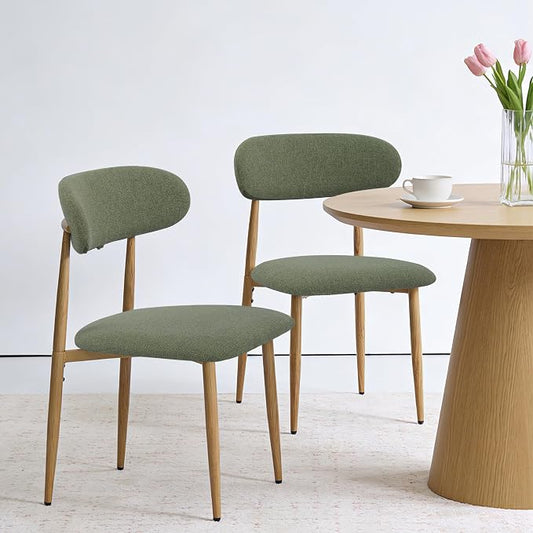 FREKEN Modern Upholstered Dining Chairs Set of 2, Mid-Century Metal Frame with Wood Grain, Linen Fabric Side Chair for Kitchen Dining Room, 350lbs Capacity, Green