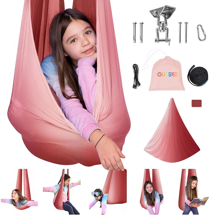 OUTREE Sensory Swing for Kids with 360° Swivel Hanger, Indoor Therapy Swing Great for Autism, ADHD, Sensory Processing Disorder, and Autistic Children (Pink/White)