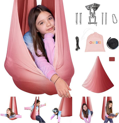 OUTREE Sensory Swing for Kids with 360° Swivel Hanger, Indoor Therapy Swing Great for Autism, ADHD, Sensory Processing Disorder, and Autistic Children (Pink/White)