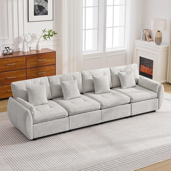 112" Oversized Modular Cloud Sofa, Deep Seat Tufted Chenille 4-Seater Sectional Couch with Curved Arms, Comfy Sofas for Living Room, Light Grey