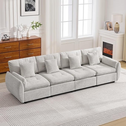 112" Oversized Modular Cloud Sofa, Deep Seat Tufted Chenille 4-Seater Sectional Couch with Curved Arms, Comfy Sofas for Living Room, Light Grey