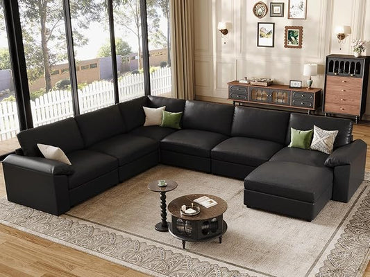 EASE MOOSE Faux Leather Sectional with Ottoman,Oversized Modular Couch,Vintage Modular Sectional Sofa with Deep Seat,Scratch Resistant Faux Leather Material,U Shaped Couch for Big Spaces, Black