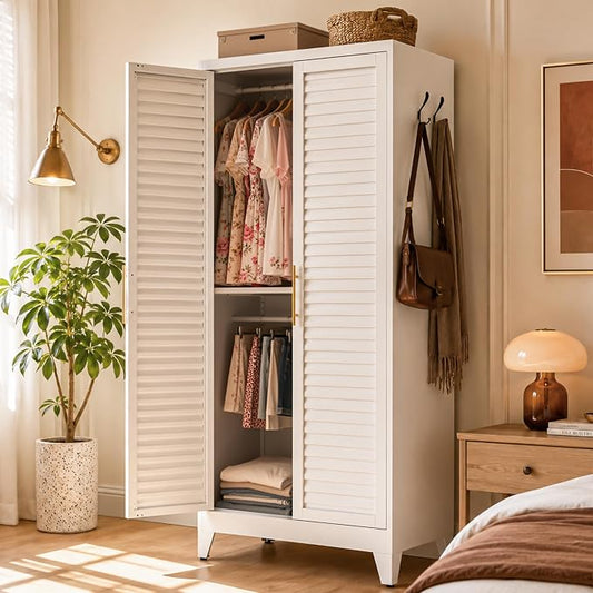 Metal Armoire Wardrobe Closet, 71" Clothing Storage Cabinets with Adjustable Hanging Rod, Louvered Doors, 2 Side Hooks & 2 Adjustable Rod- Closet Cabinet for Bedroom, Laundry Room, Cloak Room