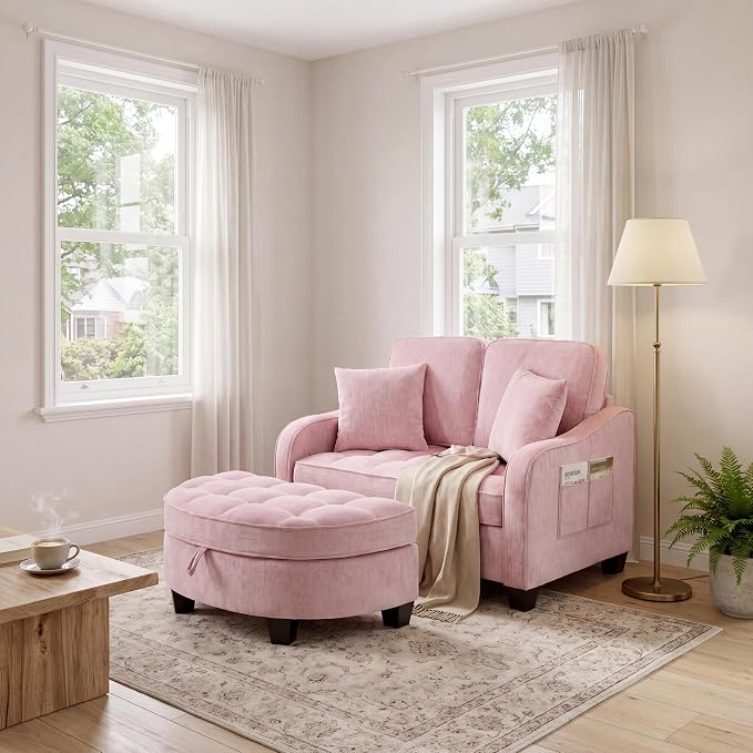 ERYE Chenille Tufted Loveseat Sofa and Ottoman Set, Tufted Recliner Sleeper Chaise Lounge with Curved Storage Ottoman,Reclining Backrest and Side Pockets, 4 Pillows