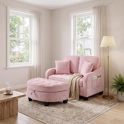 ERYE Chenille Tufted Loveseat Sofa and Ottoman Set, Tufted Recliner Sleeper Chaise Lounge with Curved Storage Ottoman,Reclining Backrest and Side Pockets, 4 Pillows