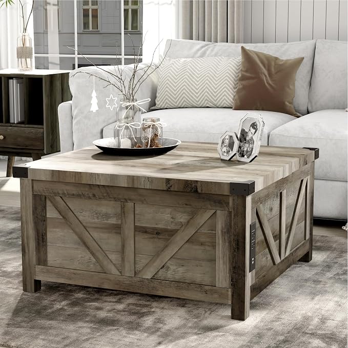 jimeimen Farmhouse Lift Top Coffee Table with Storage, Wood Square Center Table with Charging Station&USB Port, Living Room Table w/Large Hidden Space, for Living Room, Bedroom, Home Office, Grey