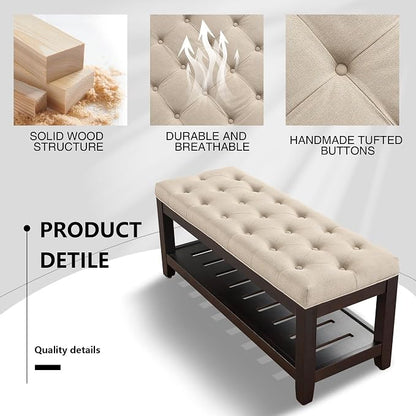 adochr Linen Large Rectangular Ottoman with Storage, Upholstered Entryway Bench for Living Room, Oversized Button Tufted Ottoman with Wood Shelf Storage, Light Brown