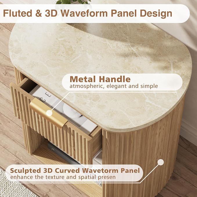 Fluted Marble Nightstand Set of 2, 23.6" Large Bedside Side Table with Drawer, Wood End Table with Storage, Curved Round Corner, Furniture Bedroom Sofa, Mid Century Modern,Oak, Marble
