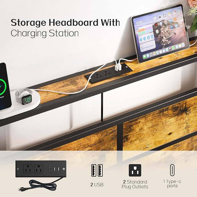 Liians Full Size Bed Frame, Full Bed with Charging Station Headboard and LED Lights, Platform Bed with Metal Slats, No Box Spring Needed, Noise Free, Easy Assembly