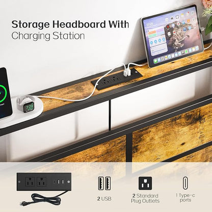 Liians Full Size Bed Frame, Full Bed with Charging Station Headboard and LED Lights, Platform Bed with Metal Slats, No Box Spring Needed, Noise Free, Easy Assembly