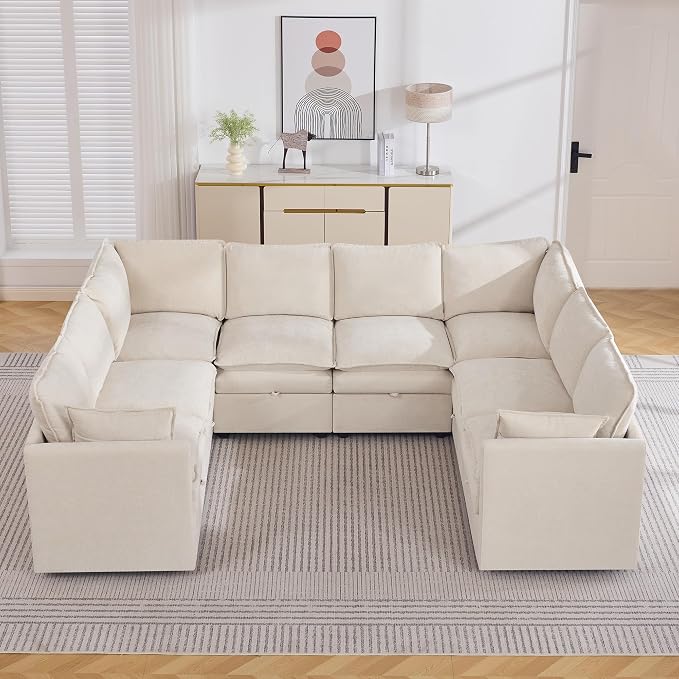 105" Beige Oversized Modular Storage Sofa, U Shaped Chenille Cloud Couch | Oversized Convertible Sectional Sofa, 8-Seat Sectional Couch With Armrests, Large Cloud Couch For Living Room, Apartment.