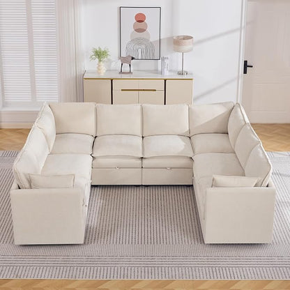 105" Beige Oversized Modular Storage Sofa, U Shaped Chenille Cloud Couch | Oversized Convertible Sectional Sofa, 8-Seat Sectional Couch With Armrests, Large Cloud Couch For Living Room, Apartment.