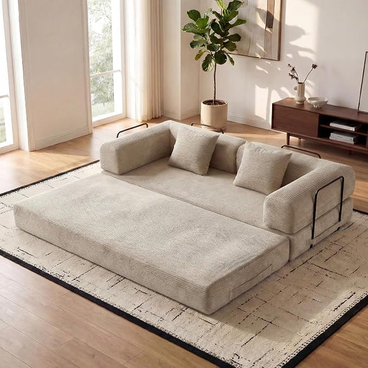 ZEIINPA Corduroy Floor Sofa Bed, Convertible Folding Couch Bed with Fixed-Shape Frame and Armrest for Living Room Bedroom Lounge Studio-Beige