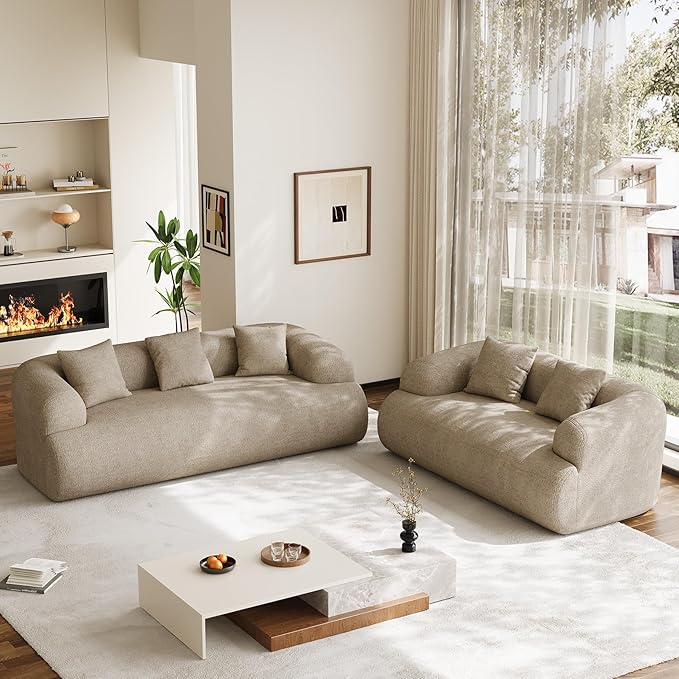 Boneless Couch Set, 91" + 75'' Cloud Couch Set, Chenille Curved Sofa, Modern Compression Sofa for Living Room, Bedroom and Apartment, No Assembly Required, Light Brown