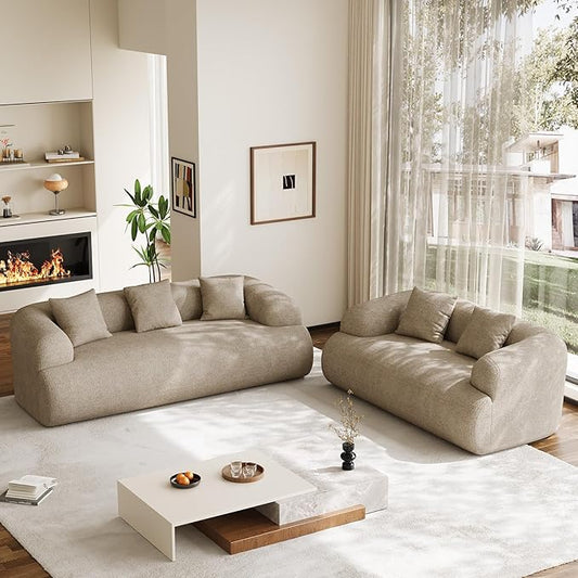 Boneless Couch Set, 91" + 75'' Cloud Couch Set, Chenille Curved Sofa, Modern Compression Sofa for Living Room, Bedroom and Apartment, No Assembly Required, Light Brown