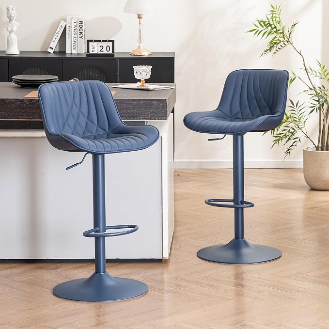 YOUTASTE Bar Stools Set of 2, Adjustable Swivel Counter Height Barstools with Back, All Navy Blue Faux Leather Upholstered Bar Chairs with Metal Base, Stools for Kitchen Island or Home Bar