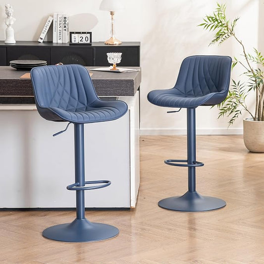 YOUTASTE Bar Stools Set of 2, Adjustable Swivel Counter Height Barstools with Back, All Navy Blue Faux Leather Upholstered Bar Chairs with Metal Base, Stools for Kitchen Island or Home Bar