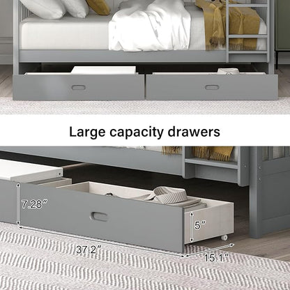 Merax Wood Bunk Bed with Drawers,Convertible Wood Bunk Bed with Ladders and Two Storage Drawers,Solid Wood Detachable Bed Frame with Ladders,Full Over Full,Grey
