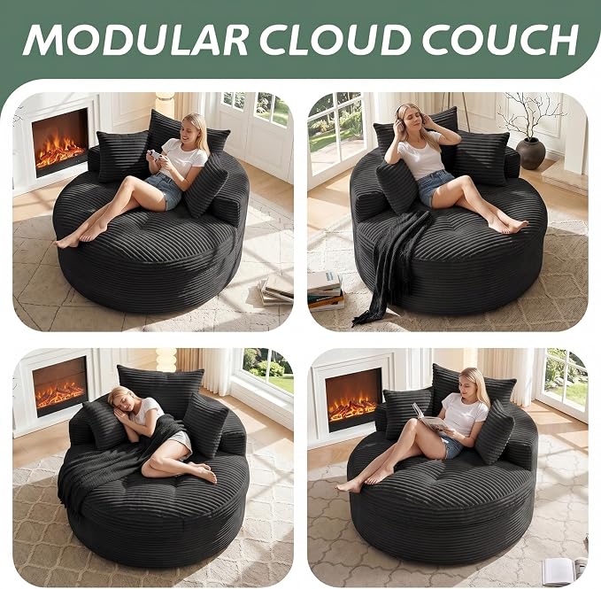 Oversized Round Chaise Lounge Chair, Deep Seat Cloud Boneless Floor Sofa Couch, Upholstered Corduroy Sleeper with 3 Pillows & Optional Ottoman, No Assembly Modern Lazy Floor Lounger for Living Room