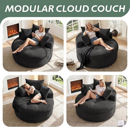 Oversized Round Chaise Lounge Chair, Deep Seat Cloud Boneless Floor Sofa Couch, Upholstered Corduroy Sleeper with 3 Pillows & Optional Ottoman, No Assembly Modern Lazy Floor Lounger for Living Room