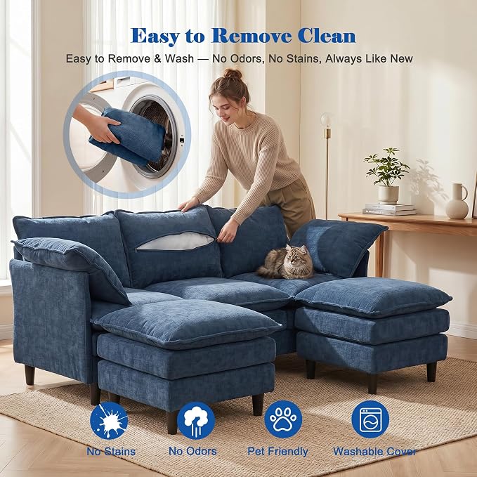 3 Seater U-Shape Couch Sofa with Ottomans, 69" Small Couch Modern Comfy Cloud Sofa with 23" Deep Washable Pillow ChenilleCover Couches for Living Room Bedroom Apartment Office 69-Blue-U