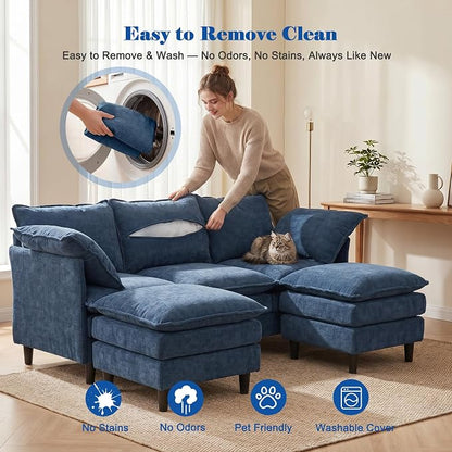 3 Seater U-Shape Couch Sofa with Ottomans, 69" Small Couch Modern Comfy Cloud Sofa with 23" Deep Washable Pillow ChenilleCover Couches for Living Room Bedroom Apartment Office 69-Blue-U