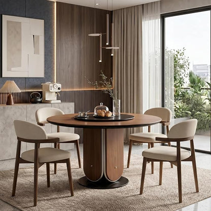 MOJAY Dining Chairs Set of 4 Walnut, Linen Beige with Curved Armrests