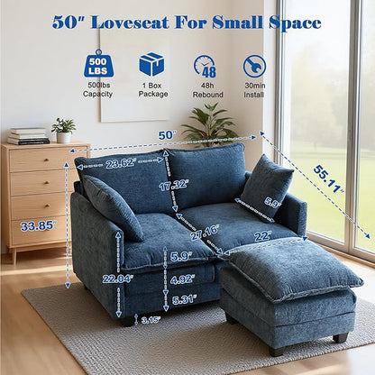50'' L-Shape Loveseat Sofa with 22" Ottoman, 2 Seat Modern Cloud Couch with 2 Washable Pillows for Small Space Apartment Office Living Room Bedroom, Blue
