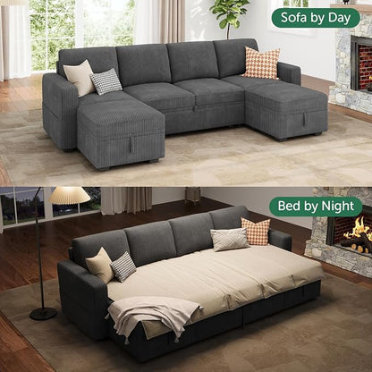 HONBAY Modular Sectional Sleeper Sofa Bed, Corduroy Pull Out Couch with Storage Ottoman, U Shaped Sectional Couches for Living Room, Dark Grey