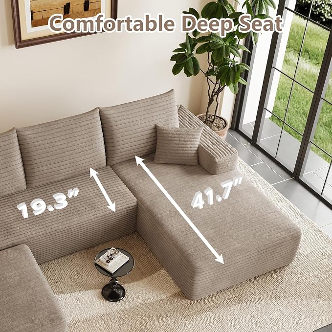 95" Cloud Sectional Couch U-Shaped Chaise with Ottoman, Corduroy Boneless Couch for Living Room Bedroom, Deep-Seat Upholstered Modular Cloud Sofa, No Assembly Required (Camel, Right Facing Chaise)