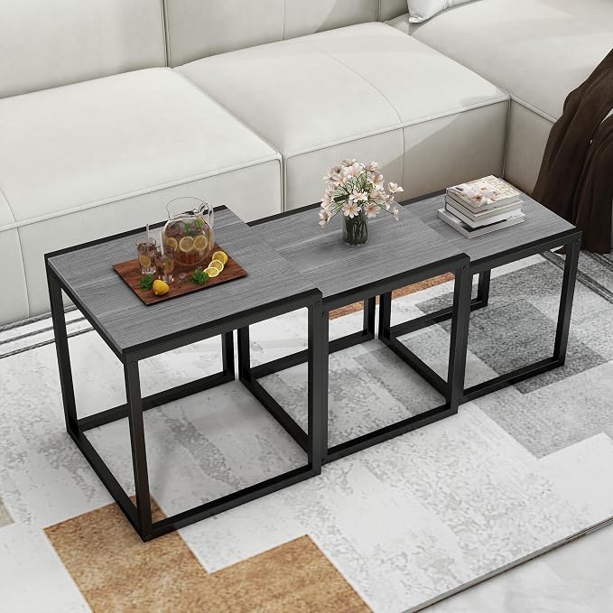 Nesting Table Set of 3 Side Tables, Modern Coffee Table Stacking End Table with Metal Frame (A-Square, Grey)