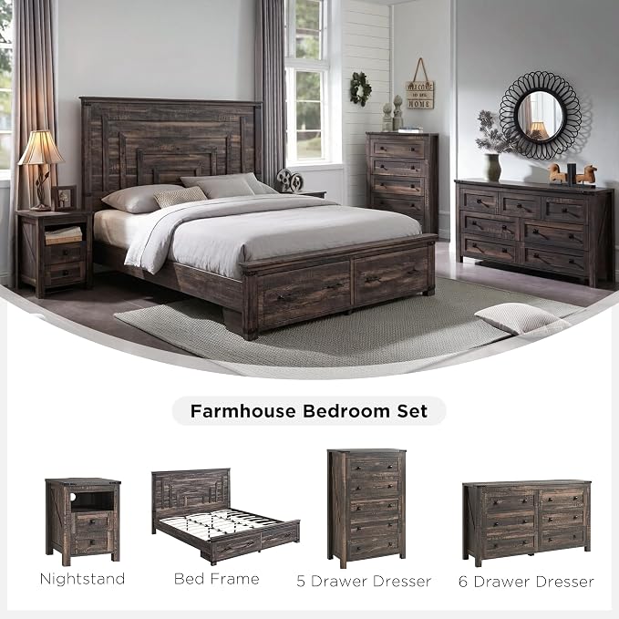 T4TREAM 48" Tall Farmhouse 5-Drawer Dresser for Bedroom, Dark Rustic Oak | Rustic chests of drawers, Wood Storage Cabinet, Metal Handle, Unique Corner Accent, Bedroom, Living Room, Hallway