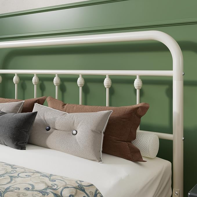 SHA CERLIN King Size Metal Platform Bed Frame with Victorian Style Iron-Art Headboard and Footboard, Easy Assembly, Under Bed Storage, No Box Spring Required, Off White