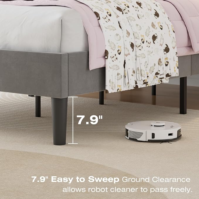 VECELO Twin Size Bed Frame with Upholstered Headboard, Heavy-Duty Bedframe with Wooden Slats & Steel Framework, Easy Assembly, Dark Grey