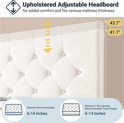 Allewie Upholstered Queen Size Platform Bed Frame with 4 Storage Drawers and Adjustable Headboard, Diamond Button Tufted, Wooden Slats Support, Noise-Free, No Box Spring Needed, Easy Assembly, White