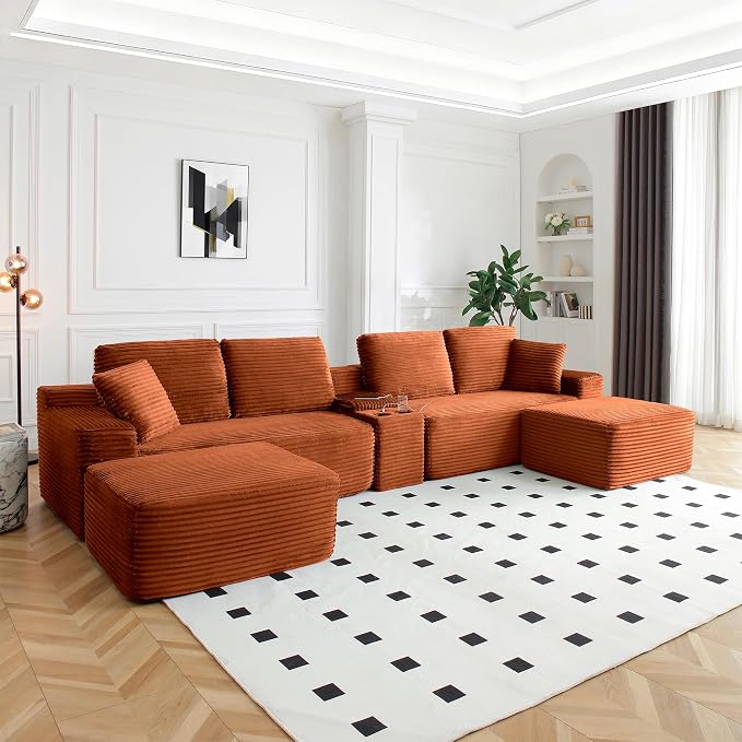 ivoros 125 Inch Modular Sectional Sofa Couch, Oversized Modern Cloud Couch for Living Room, U Shape Couches with 2 Ottomans, USB Ports and Cup Holders, Orange Corduroy Boneless Sofas, Sofa in a Box