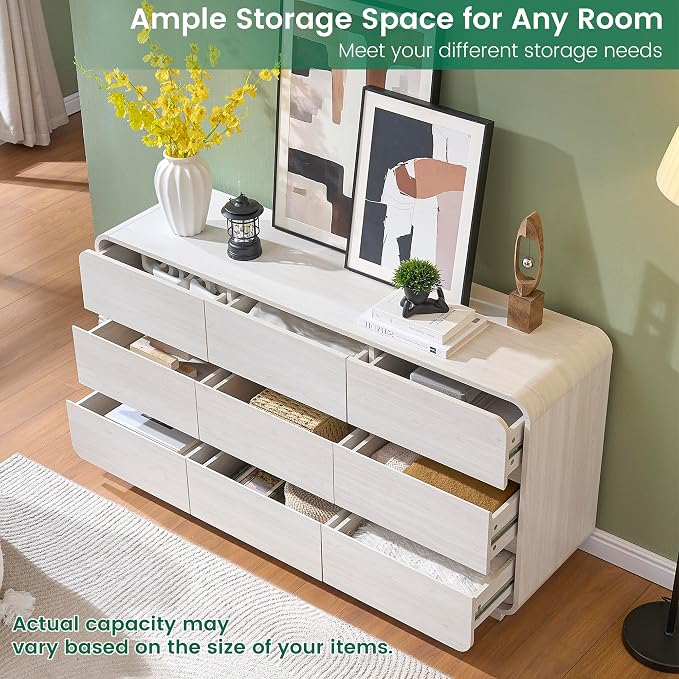 Standifurno White Dressers of 9 Drawers, Chest Dresser with Deep Drawers, Modern Dresser Closet for Bedroom, Curved Drawer with Large Storage, 57'' Wide
