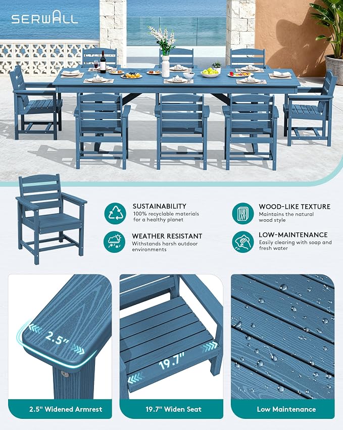 SERWALL 9 Piece 84" HDPE Outdoor Dining Set for 8 with Armchairs and Umbrella Hole, Blue