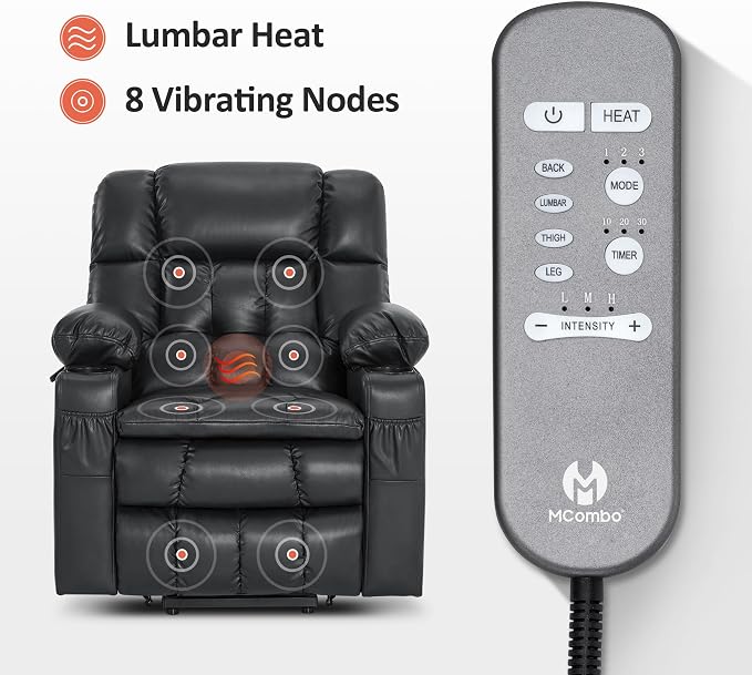MCombo Small Dual Motor Power Lift Recliner Chair for Petite Elderly, Zero Gravity Lift Chair with Heat and Massage, Infinite Position Lay Flat Recliner, USB Ports, Faux Leather 7893 (Black, Small)