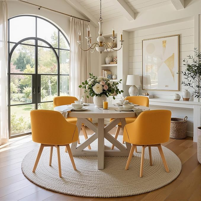 Swivel Dining Chairs Set of 6, Linen Fabric Upholstered Dining Chairs with Arms and Wood Legs, Mid Century Modern Kitchen Chairs for Dining Room Living Room, Comfortable Large Seat, Yellow