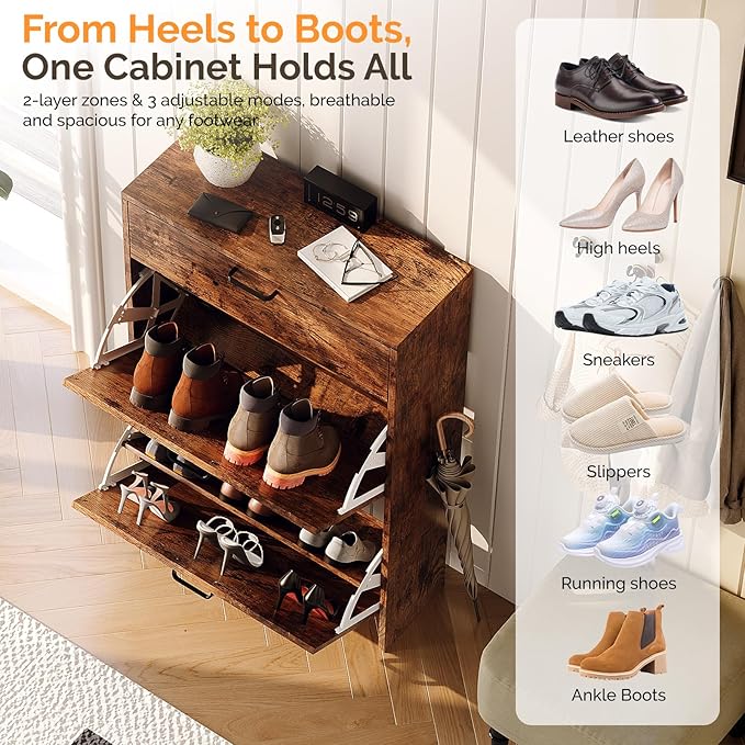 VINGLI Set of 2 Distressed Wood Shoe Cabinet for Entryway, 2-Pack Ultra Slim Shoe Organizer with 2 Flip & 1 Drop-Down Drawers, 24.8" W Narrow Shoe Cabinet, Rustic Brown Wood Shoes Rack for Hallway