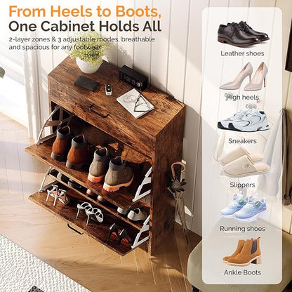 VINGLI Set of 2 Distressed Wood Shoe Cabinet for Entryway, 2-Pack Ultra Slim Shoe Organizer with 2 Flip & 1 Drop-Down Drawers, 24.8" W Narrow Shoe Cabinet, Rustic Brown Wood Shoes Rack for Hallway