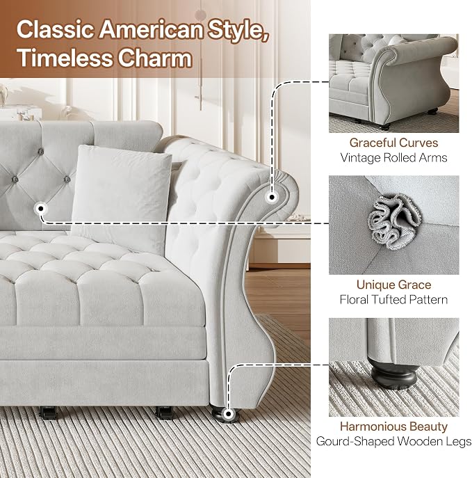 97.6" Oversized Pull Out Sofa Bed, Chesterfield Velvet Sleeper Sofa Couch with Roll Arm & Flower Tufting, Heavy Duty Metal Frame Convertible Sofa for Living Room, Apartment, Guest Room, Light