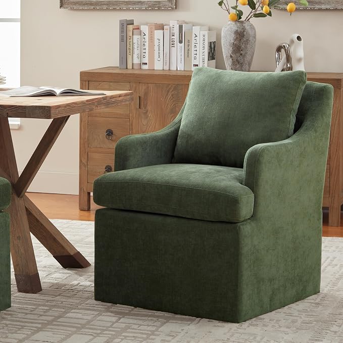 VKNOW Upholstered Dining Chairs Set of 6, Modern Kitchen Chairs Dining Room Chairs with 4 Casters, Chenille Armchair for Bedroom Reading Room Living Room, Green