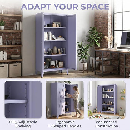 X-Shaped Door Kitchen Pantry Cabinets with Lockable and Adjustable partitions Metal Storage Cabinet 61" H Metal Pantry Cabinetfor Cupboard/Dining Room/Bathroom/Living Room/Office/Laundry Room